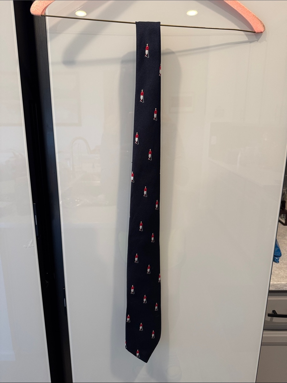 Men's Navy Tie with Red Golfer Motif “Between the Rounds”